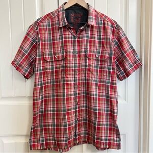 Kuhls Mens Eluxur Short Sleeve Button Down Shirt in Red Plaid, Size L